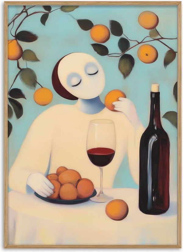 Abstract figure with oranges, a glass of red wine, and a wine bottle on a table under fruit-laden branches.