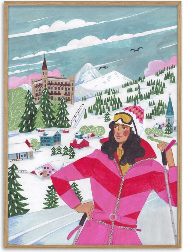 Illustration of a woman skiing in a vibrant winter landscape with mountains, trees, and festive buildings.
