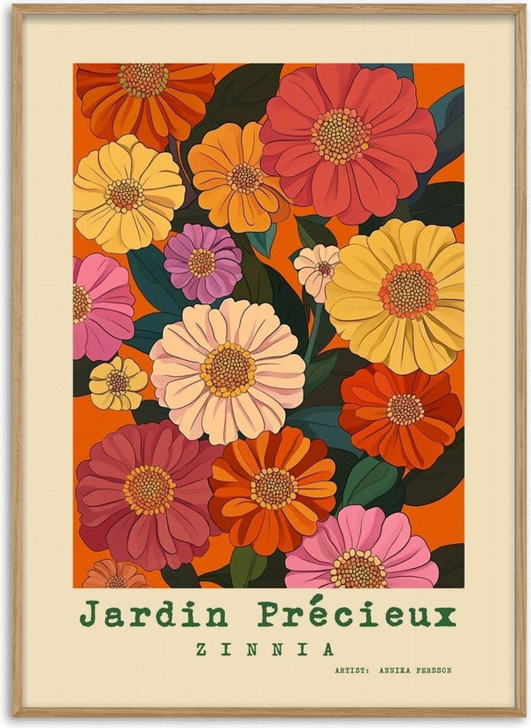 Zinnia by Annika Persson - pink, coral and yellow zinnias packed on an orange panel with lettering