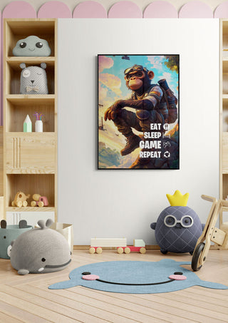 Eat Sleep Game Repeat poster with a gaming monkey, displayed in a playful children's room with plush toys.