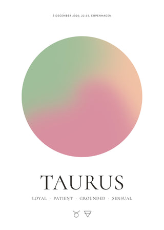 Taurus zodiac aura poster – a glowing Taurus aura with date, time and place, traits and the Taurus symbol on a white background